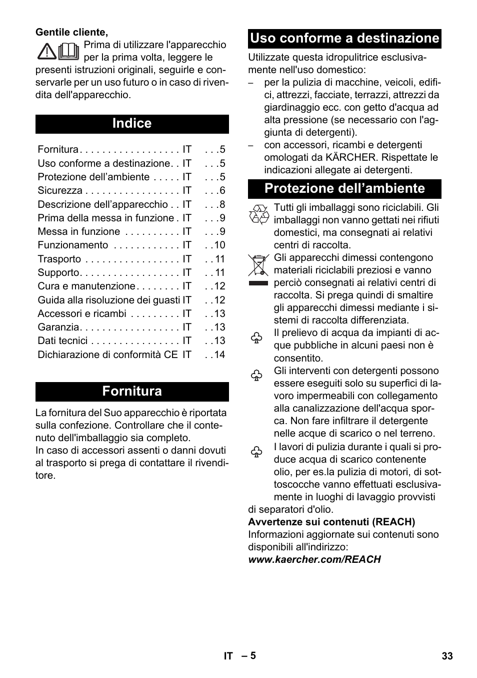 Italiano, Indice, Fornitura | Uso conforme a destinazione, Protezione dell’ambiente | Karcher K 5 Compact User Manual | Page 33 / 278