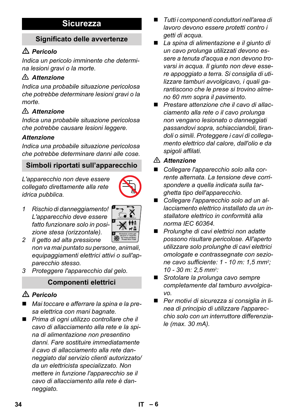 Sicurezza, Significato delle avvertenze, Simboli riportati sull’apparecchio | Componenti elettrici | Karcher K 5 Compact User Manual | Page 34 / 278