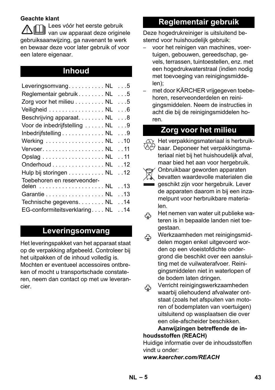 Nederlands, Inhoud, Leveringsomvang | Reglementair gebruik, Zorg voor het milieu | Karcher K 5 Compact User Manual | Page 43 / 278