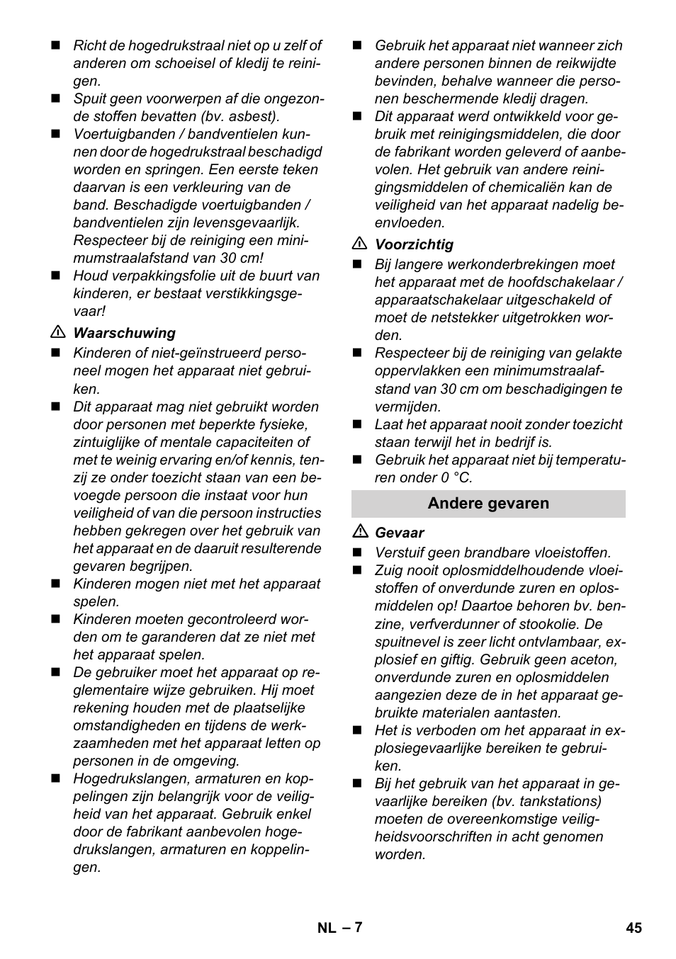 Andere gevaren | Karcher K 5 Compact User Manual | Page 45 / 278