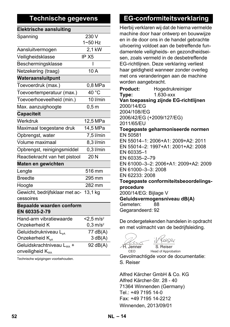 Technische gegevens, Eg-conformiteitsverklaring | Karcher K 5 Compact User Manual | Page 52 / 278