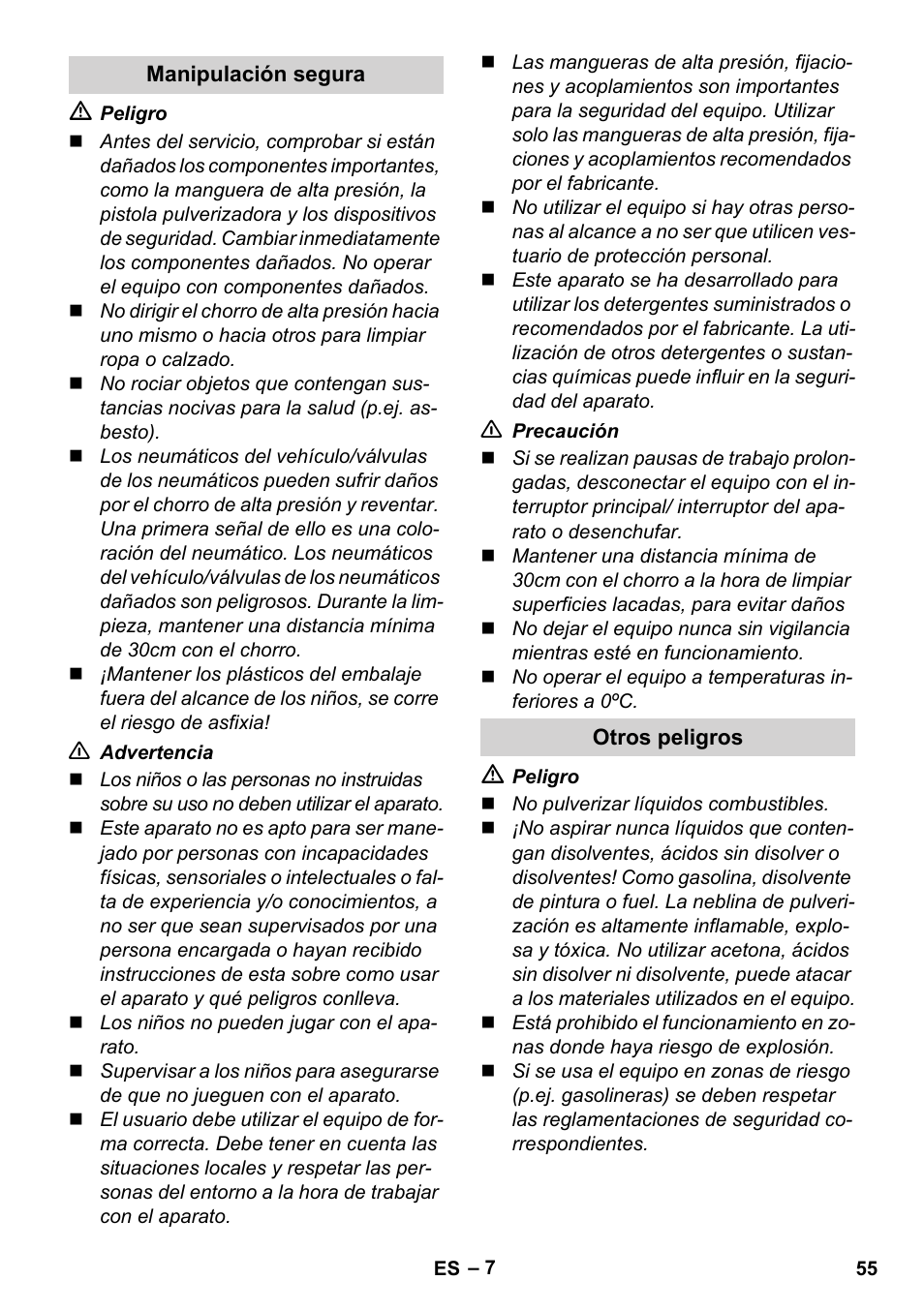 Manipulación segura, Otros peligros | Karcher K 5 Compact User Manual | Page 55 / 278