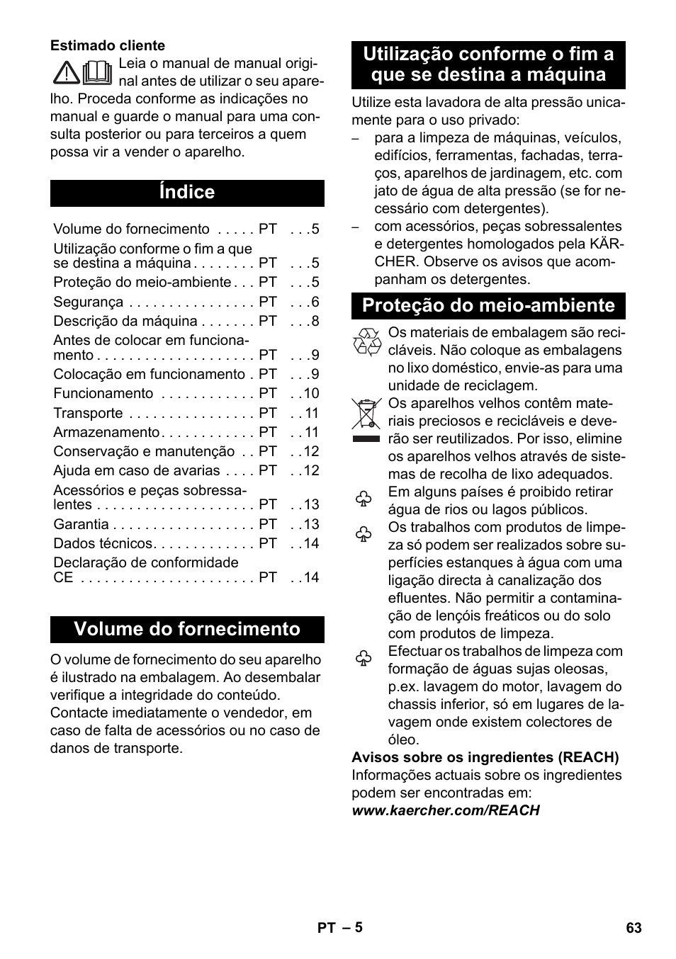 Português, Índice, Volume do fornecimento | Proteção do meio-ambiente | Karcher K 5 Compact User Manual | Page 63 / 278