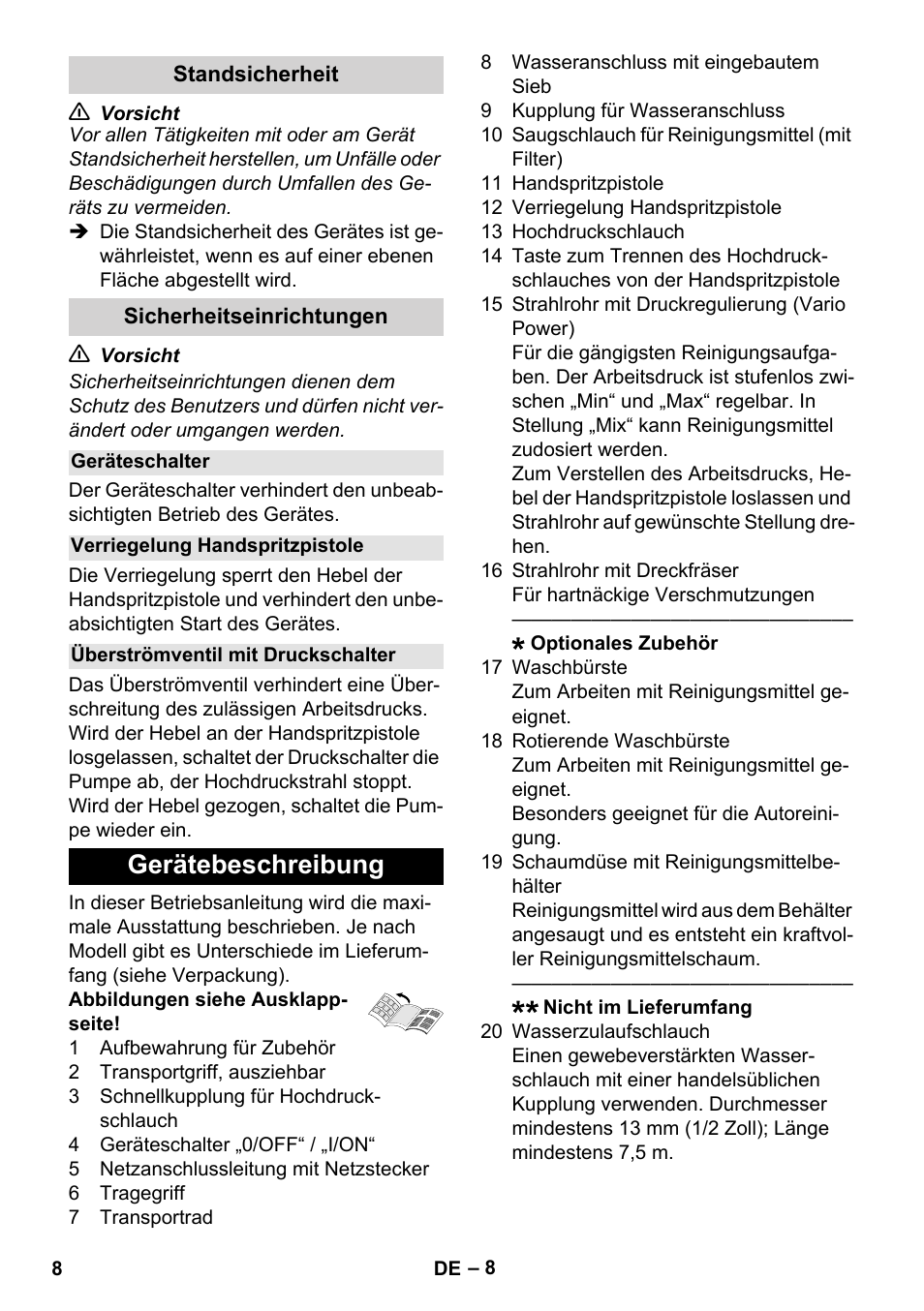 Standsicherheit, Sicherheitseinrichtungen, Geräteschalter | Verriegelung handspritzpistole, Überströmventil mit druckschalter, Gerätebeschreibung | Karcher K 5 Compact User Manual | Page 8 / 278