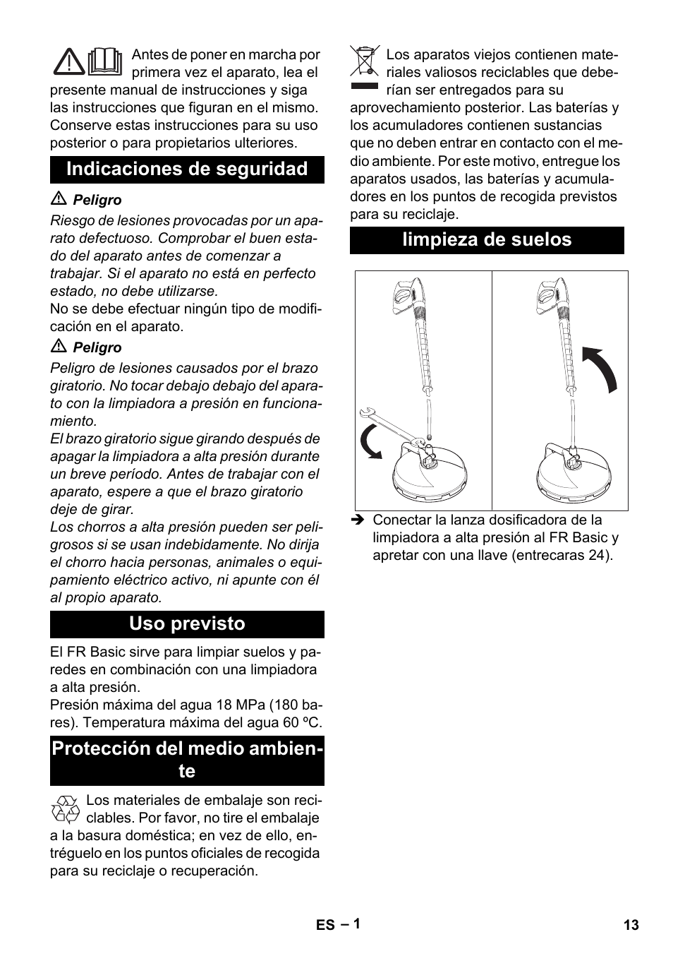 Español, Indicaciones de seguridad, Uso previsto | Protección del medio ambiente, Limpieza de suelos | Karcher HD 5-15 C + FR User Manual | Page 13 / 60