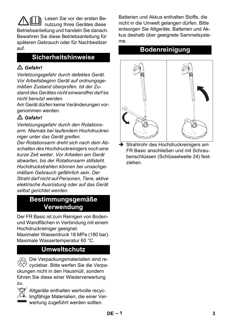 Deutsch, Sicherheitshinweise, Bestimmungsgemäße verwendung | Umweltschutz, Bodenreinigung | Karcher HD 5-15 C + FR User Manual | Page 3 / 60