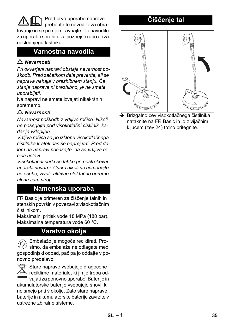 Slovenščina, Varnostna navodila, Namenska uporaba | Varstvo okolja, Čiščenje tal | Karcher HD 5-15 C + FR User Manual | Page 35 / 60