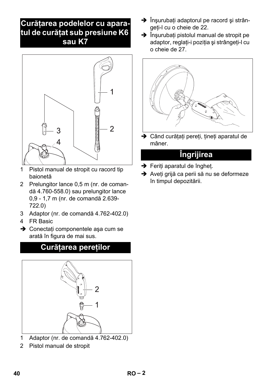 Curăţarea pereţilor, Îngrijirea | Karcher HD 5-15 C + FR User Manual | Page 40 / 60