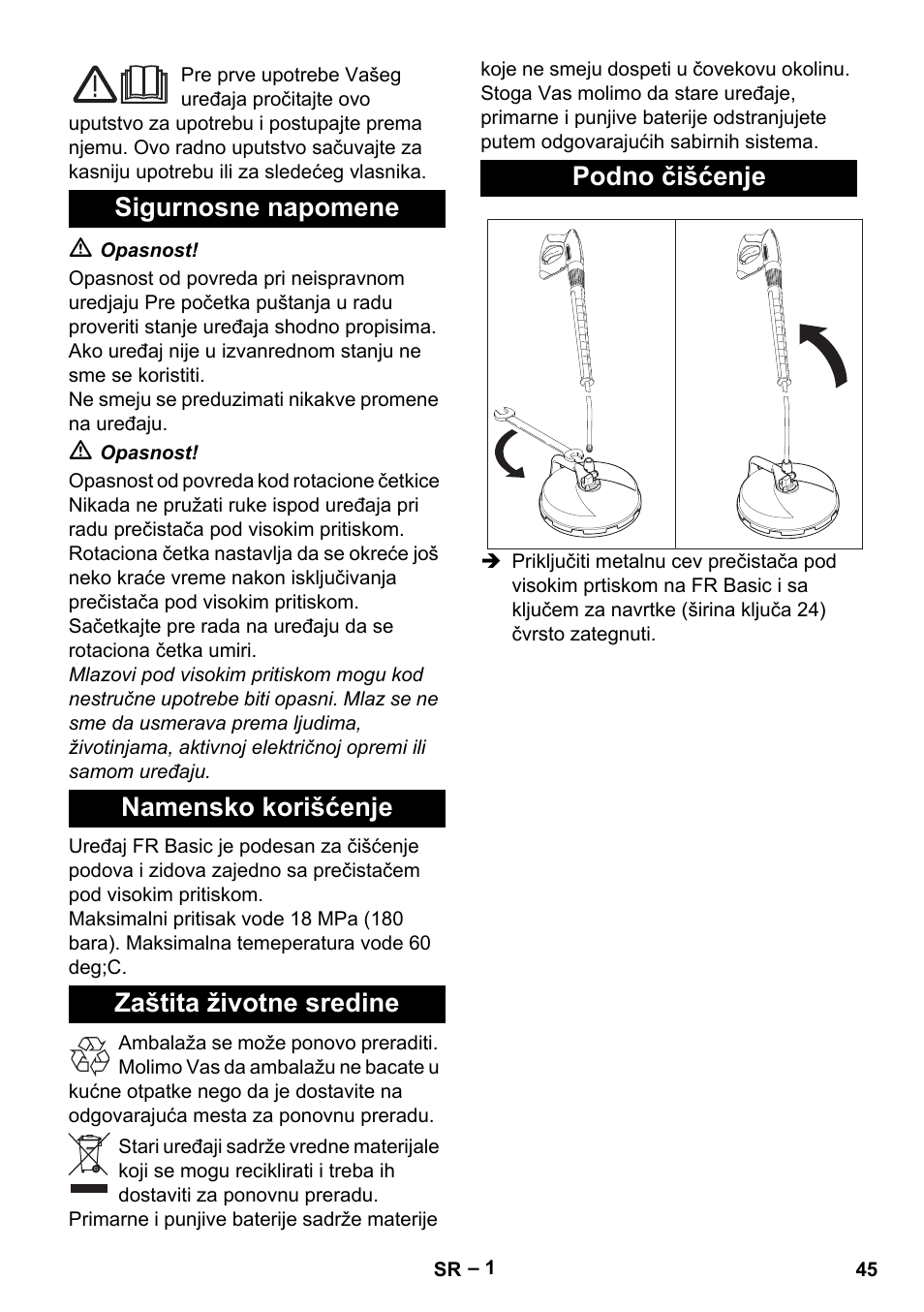 Srpski, Sigurnosne napomene, Namensko korišćenje | Zaštita životne sredine, Podno čišćenje | Karcher HD 5-15 C + FR User Manual | Page 45 / 60