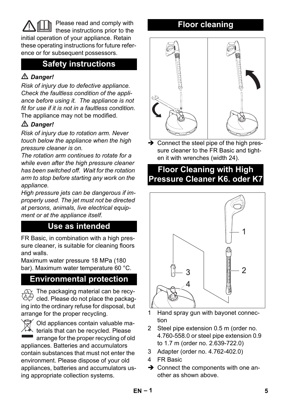 English, Safety instructions, Use as intended | Environmental protection, Floor cleaning | Karcher HD 5-15 C + FR User Manual | Page 5 / 60