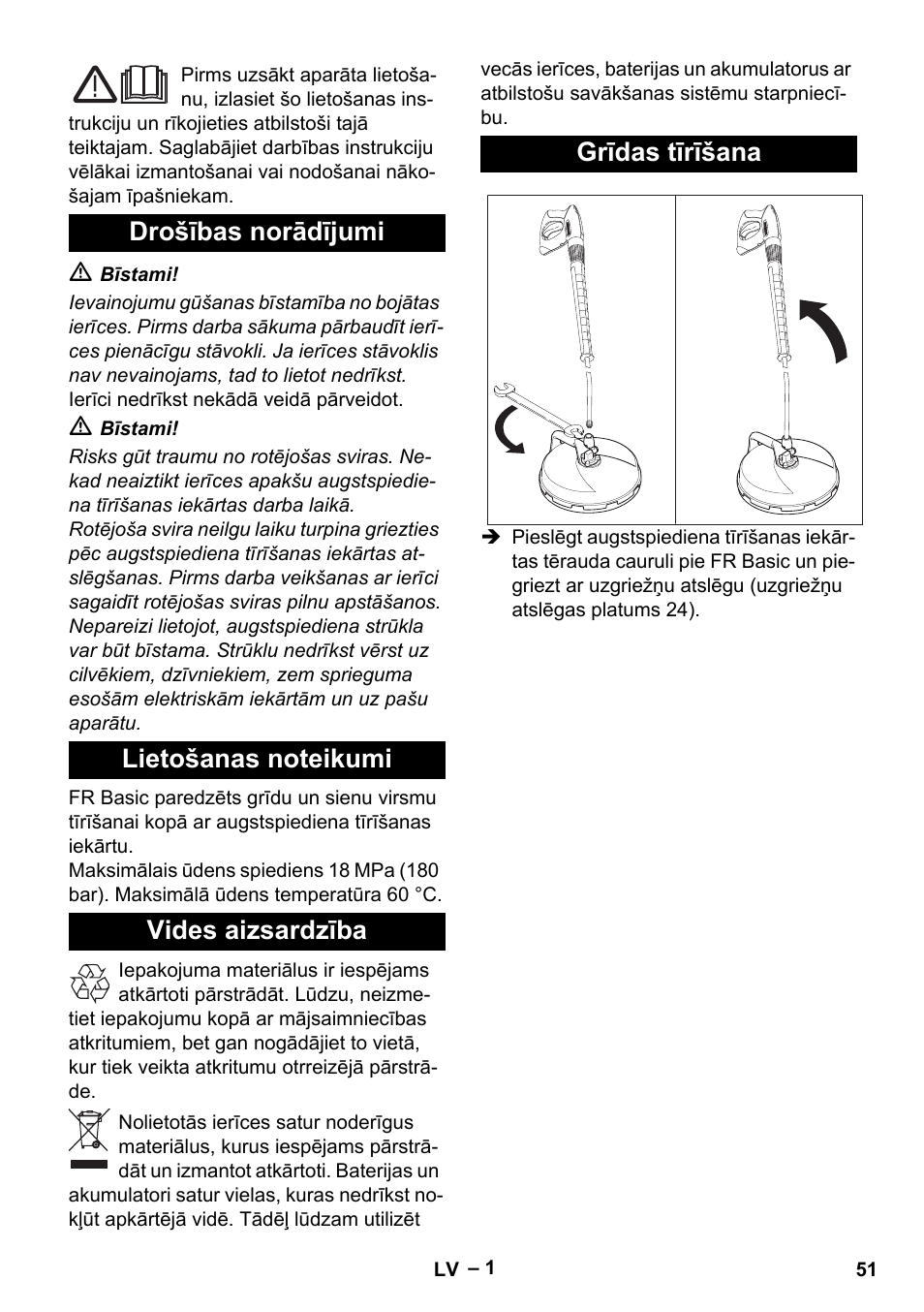 Latviešu, Drošības norādījumi, Lietošanas noteikumi | Vides aizsardzība, Grīdas tīrīšana | Karcher HD 5-15 C + FR User Manual | Page 51 / 60