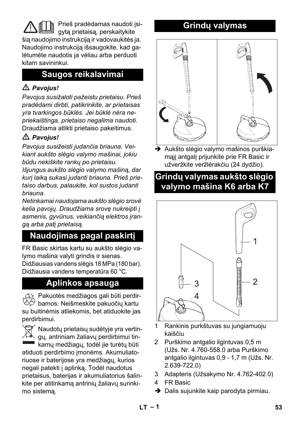 Lietuviškai, Saugos reikalavimai, Naudojimas pagal paskirtį | Aplinkos apsauga, Grindų valymas | Karcher HD 5-15 C + FR User Manual | Page 53 / 60