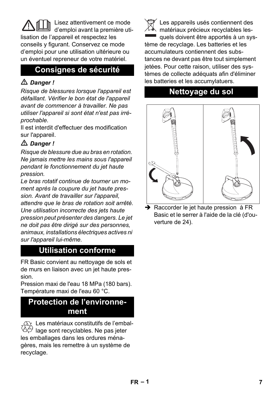 Français, Consignes de sécurité, Utilisation conforme | Protection de l’environnement, Nettoyage du sol | Karcher HD 5-15 C + FR User Manual | Page 7 / 60