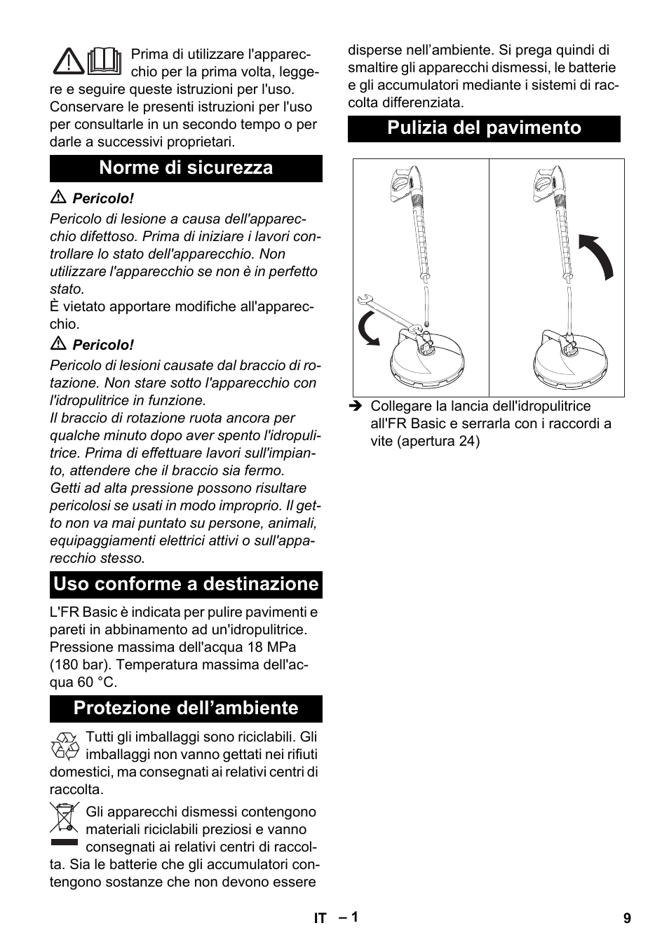 Italiano, Norme di sicurezza, Uso conforme a destinazione | Protezione dell’ambiente, Pulizia del pavimento | Karcher HD 5-15 C + FR User Manual | Page 9 / 60