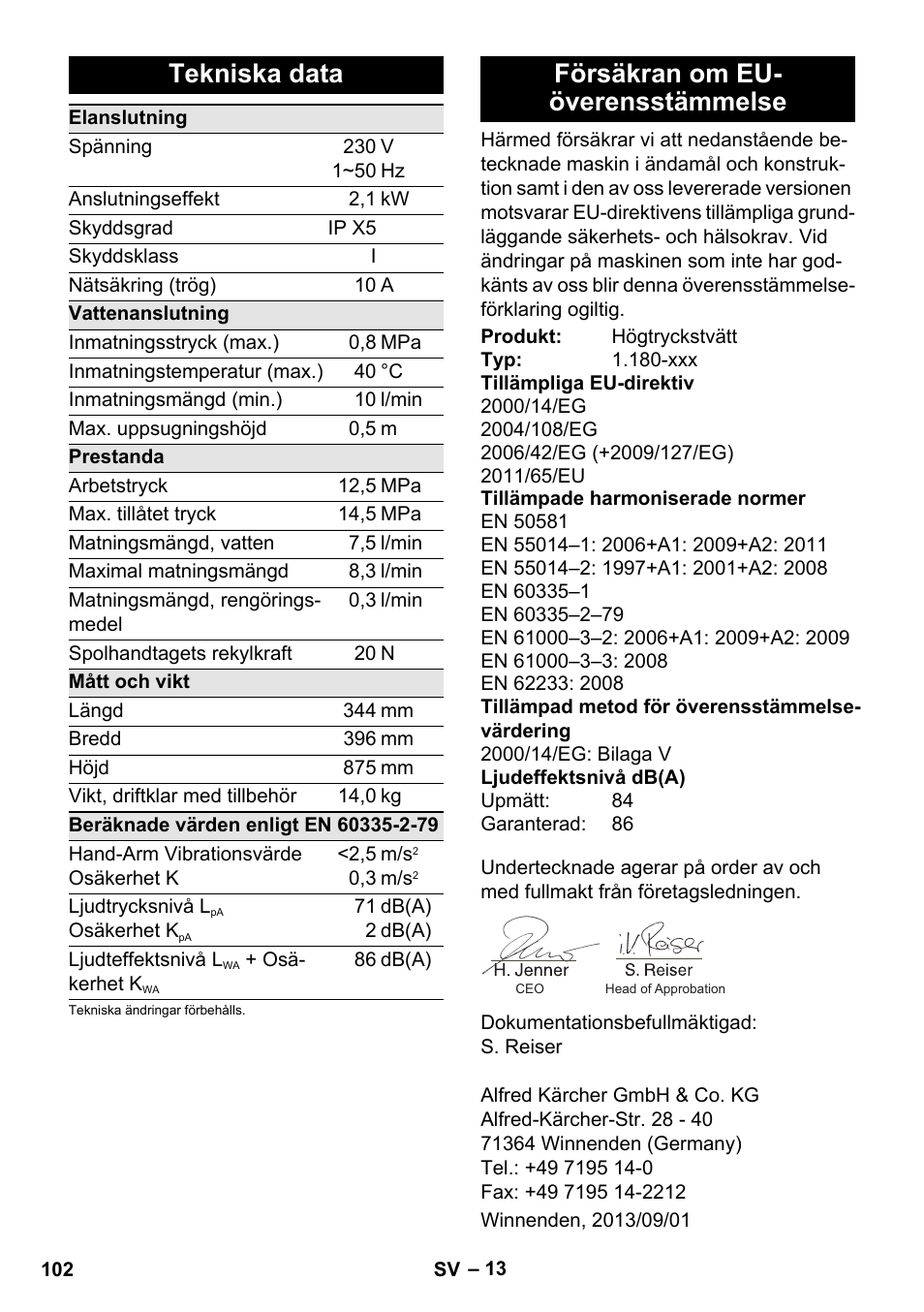 Tekniska data, Försäkran om eu- överensstämmelse | Karcher K 5 Classic User Manual | Page 102 / 286