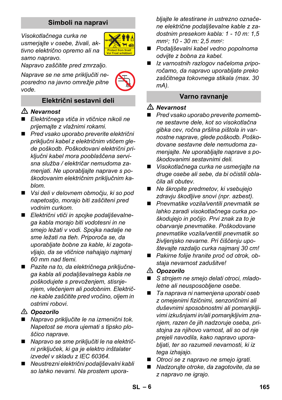 Simboli na napravi, Električni sestavni deli, Varno ravnanje | Karcher K 5 Classic User Manual | Page 165 / 286