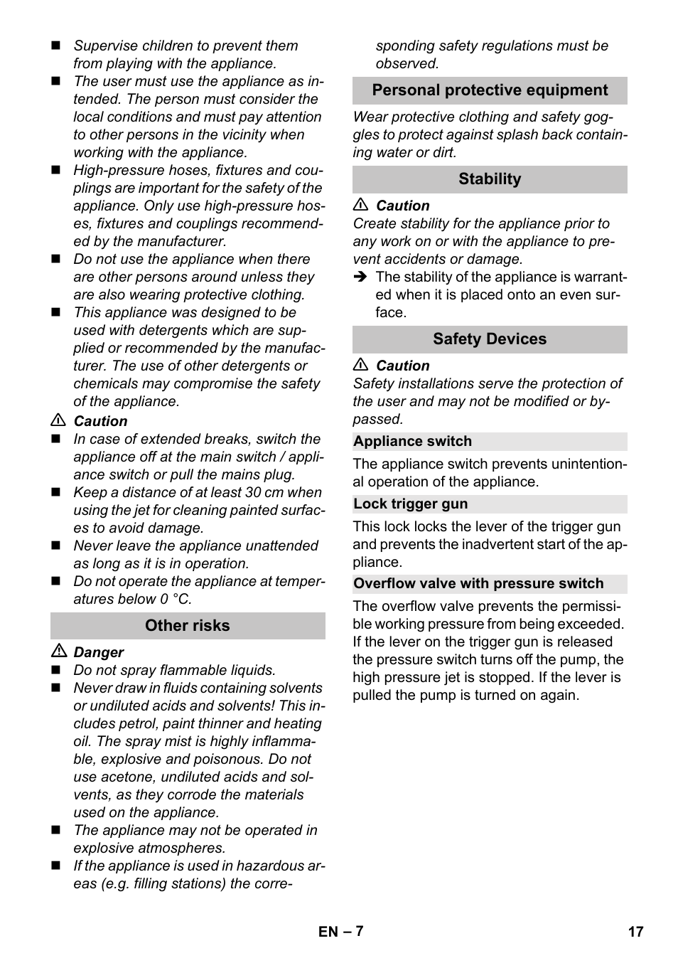 Other risks, Personal protective equipment, Stability | Safety devices, Appliance switch, Lock trigger gun, Overflow valve with pressure switch | Karcher K 5 Classic User Manual | Page 17 / 286