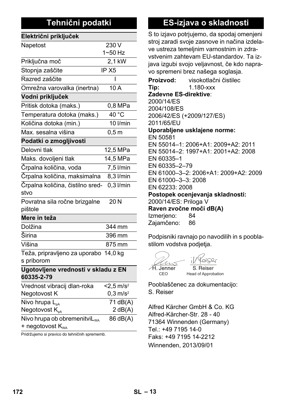 Tehnični podatki, Es-izjava o skladnosti | Karcher K 5 Classic User Manual | Page 172 / 286