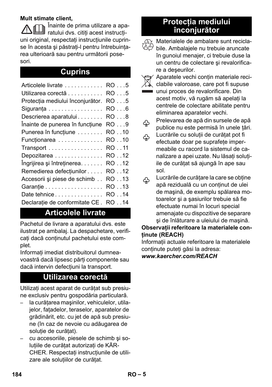 Româneşte, Cuprins, Articolele livrate | Utilizarea corectă, Protecţia mediului înconjurător | Karcher K 5 Classic User Manual | Page 184 / 286