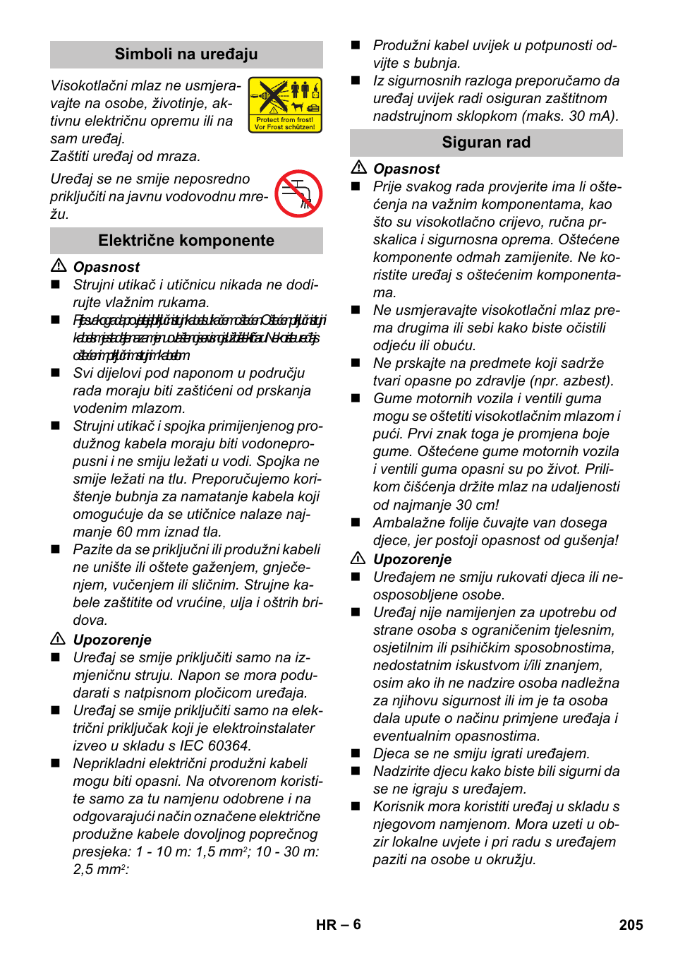 Simboli na uređaju, Električne komponente, Siguran rad | Karcher K 5 Classic User Manual | Page 205 / 286