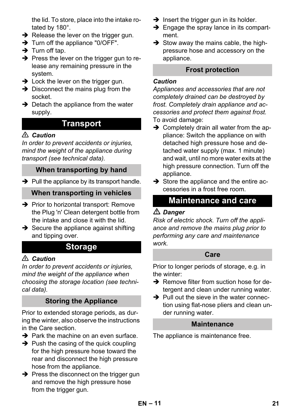 Transport, When transporting by hand, When transporting in vehicles | Storage, Storing the appliance, Frost protection, Maintenance and care, Care, Maintenance | Karcher K 5 Classic User Manual | Page 21 / 286