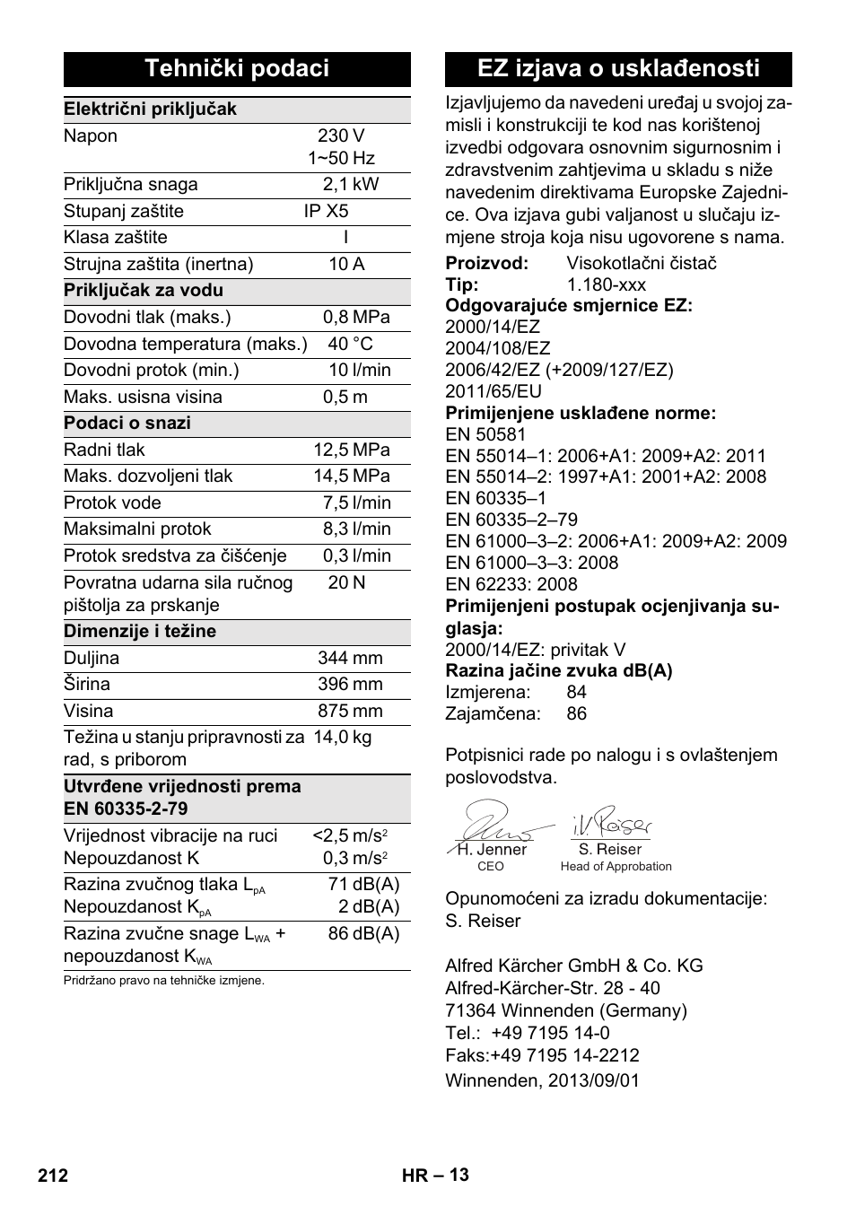 Tehnički podaci, Ez izjava o usklađenosti | Karcher K 5 Classic User Manual | Page 212 / 286