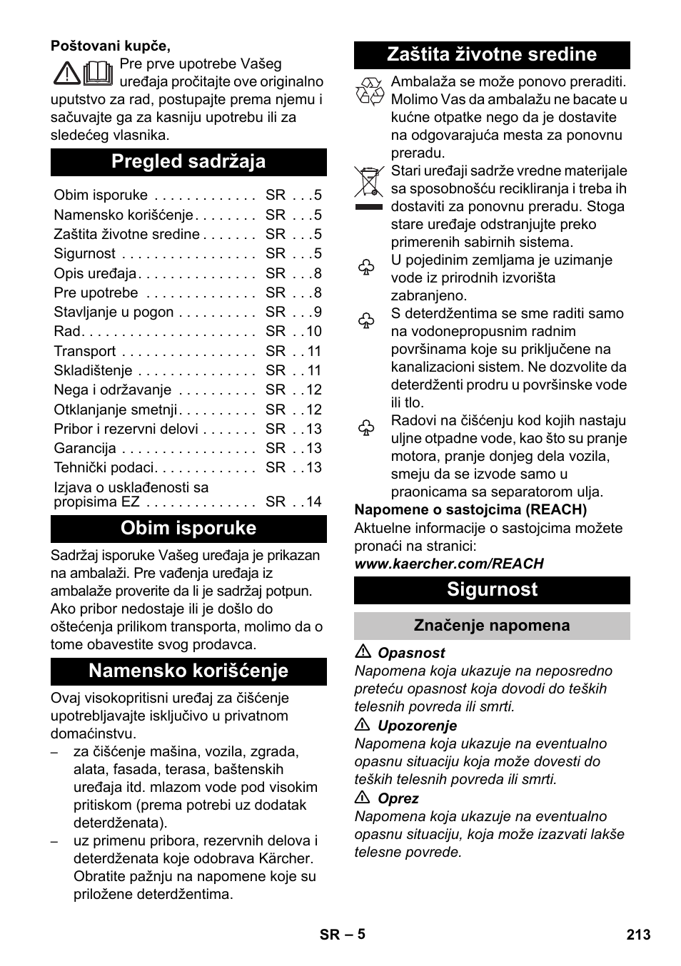 Srpski, Pregled sadržaja, Obim isporuke | Namensko korišćenje, Zaštita životne sredine, Sigurnost, Značenje napomena | Karcher K 5 Classic User Manual | Page 213 / 286