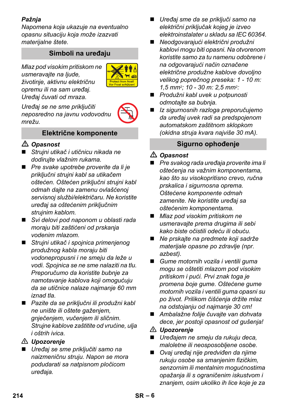 Simboli na uređaju, Električne komponente, Sigurno ophođenje | Karcher K 5 Classic User Manual | Page 214 / 286