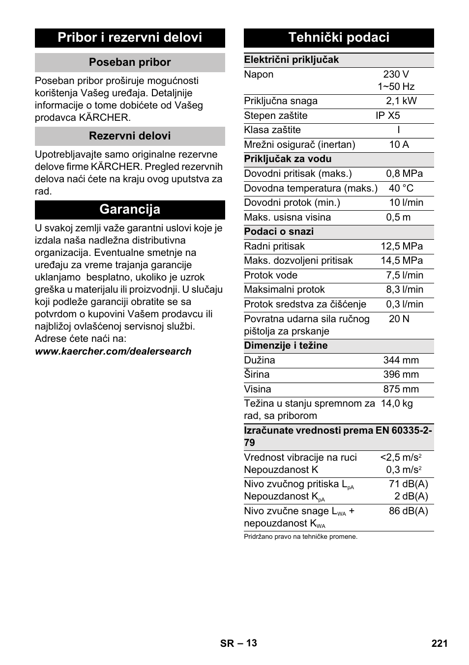 Pribor i rezervni delovi, Poseban pribor, Rezervni delovi | Garancija, Tehnički podaci, Garancija tehnički podaci | Karcher K 5 Classic User Manual | Page 221 / 286