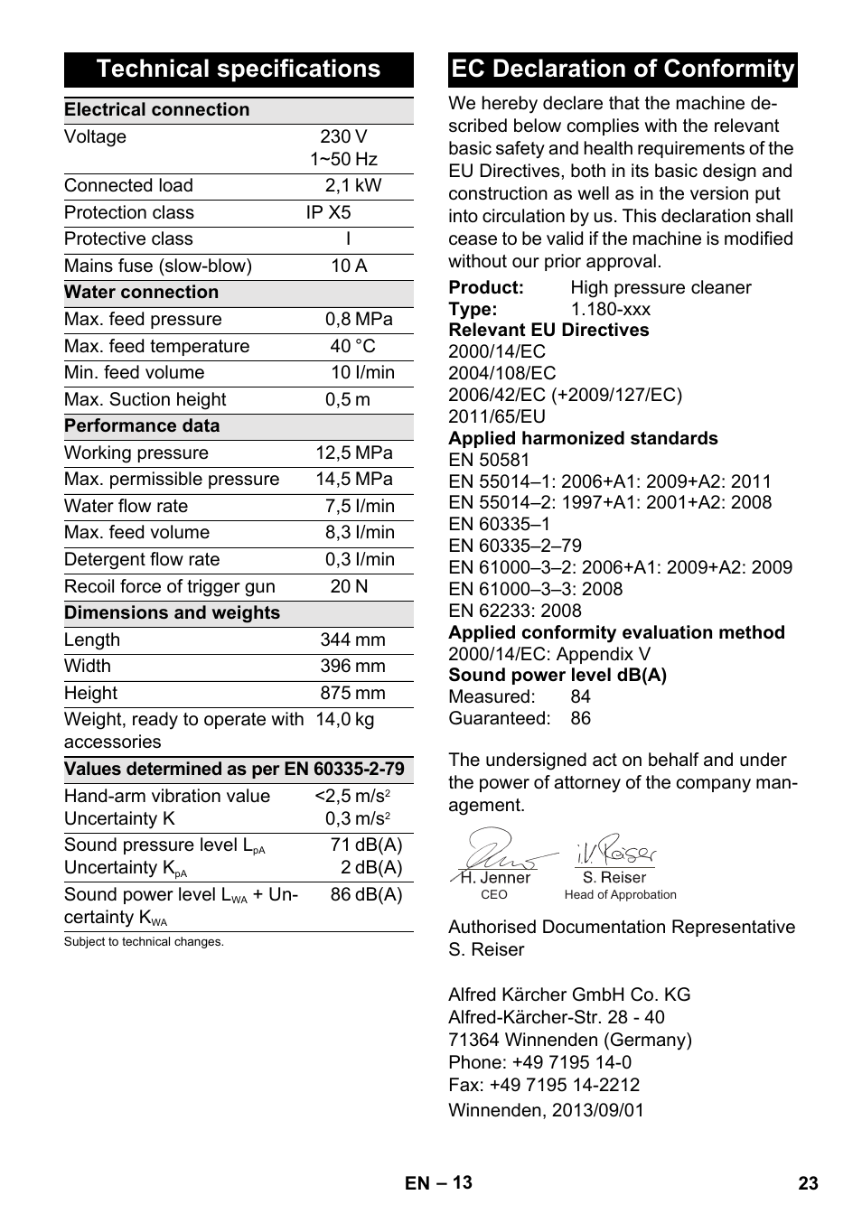 Technical specifications, Ec declaration of conformity | Karcher K 5 Classic User Manual | Page 23 / 286