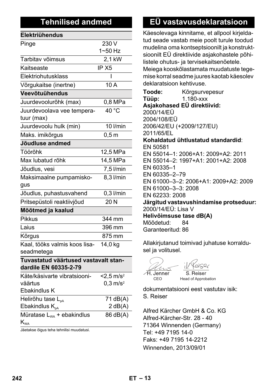 Tehnilised andmed, Eü vastavusdeklaratsioon | Karcher K 5 Classic User Manual | Page 242 / 286