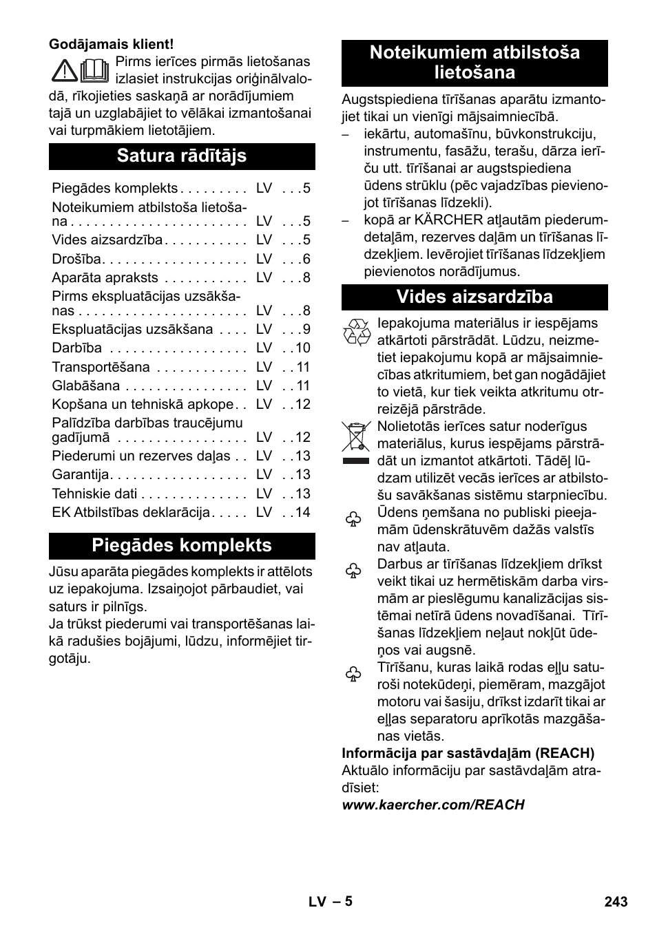 Latviešu, Satura rādītājs, Piegādes komplekts | Noteikumiem atbilstoša lietošana, Vides aizsardzība | Karcher K 5 Classic User Manual | Page 243 / 286