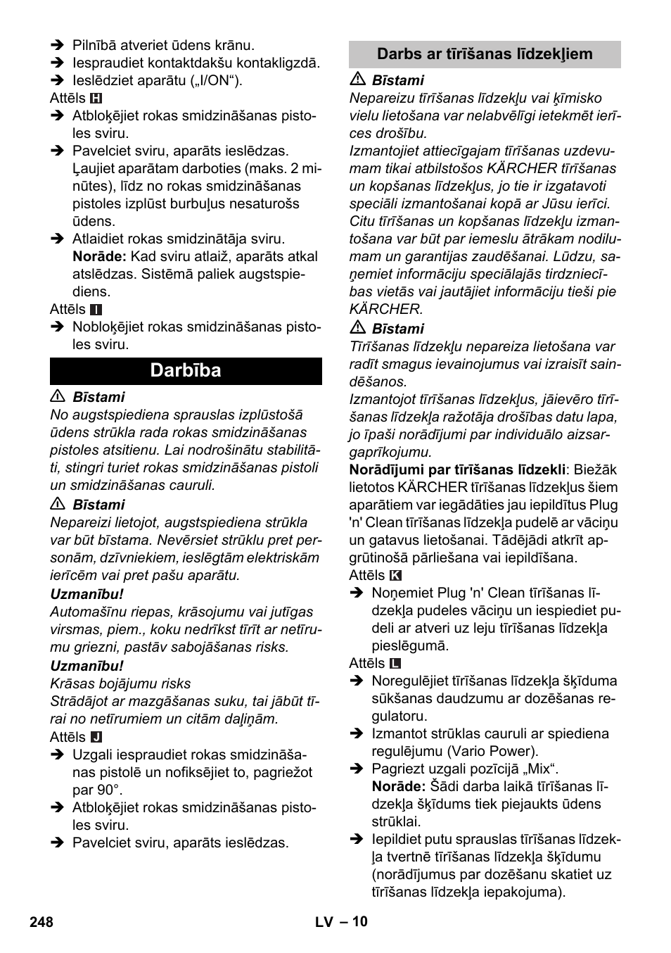 Darbība, Darbs ar tīrīšanas līdzekļiem | Karcher K 5 Classic User Manual | Page 248 / 286