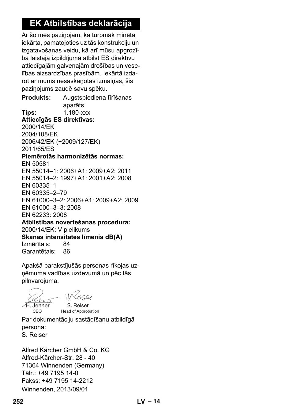 Ek atbilstības deklarācija | Karcher K 5 Classic User Manual | Page 252 / 286