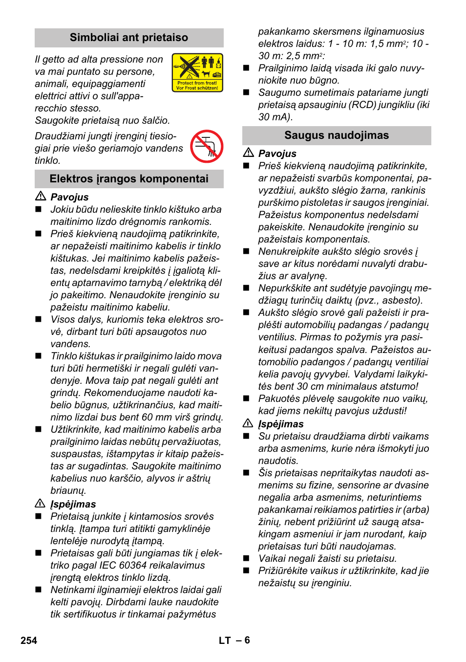 Simboliai ant prietaiso, Elektros įrangos komponentai, Saugus naudojimas | Karcher K 5 Classic User Manual | Page 254 / 286