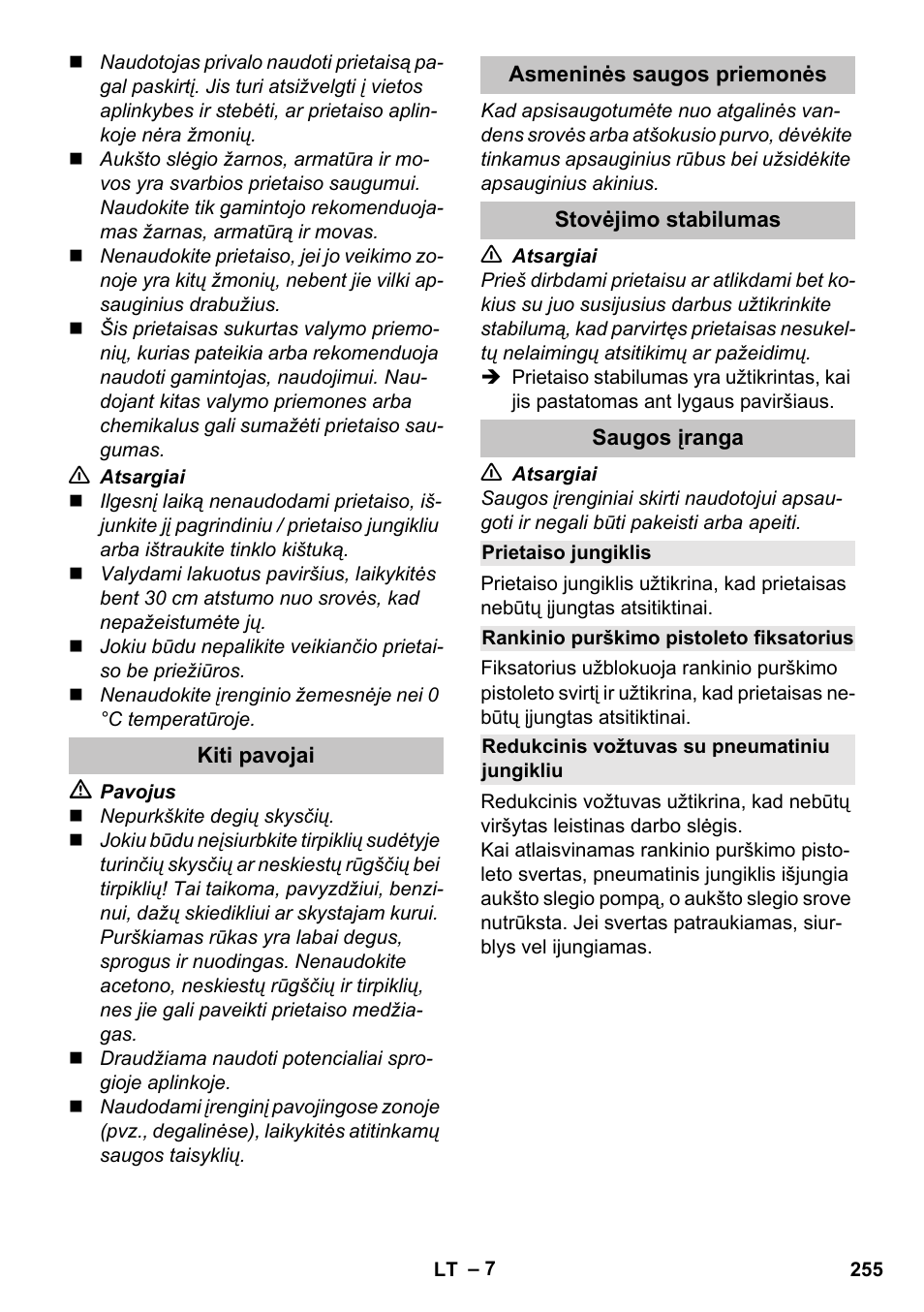 Kiti pavojai, Asmeninės saugos priemonės, Stovėjimo stabilumas | Saugos įranga, Prietaiso jungiklis, Rankinio purškimo pistoleto fiksatorius, Redukcinis vožtuvas su pneumatiniu jungikliu | Karcher K 5 Classic User Manual | Page 255 / 286