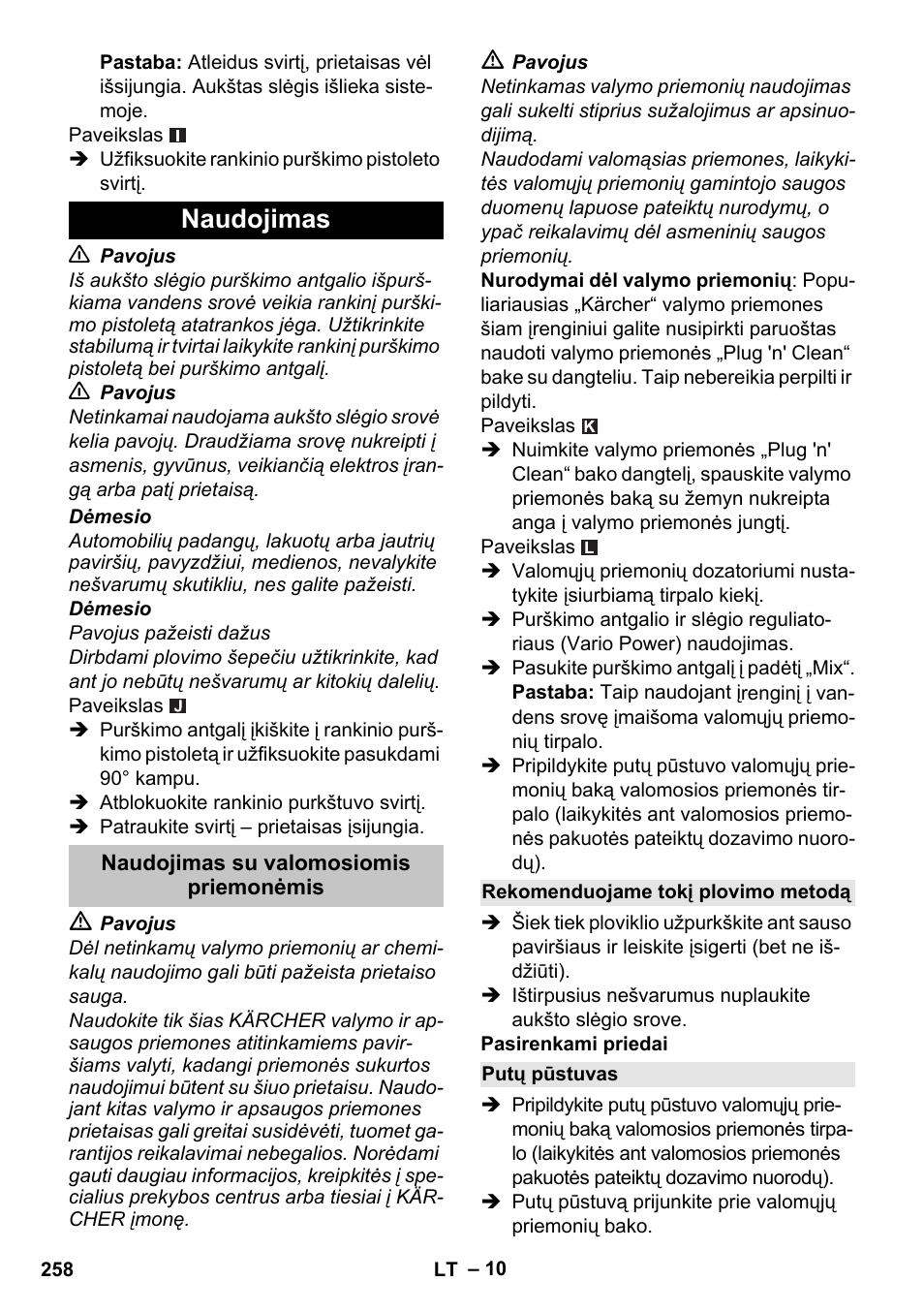 Naudojimas, Naudojimas su valomosiomis priemonėmis, Rekomenduojame tokį plovimo metodą | Putų pūstuvas | Karcher K 5 Classic User Manual | Page 258 / 286