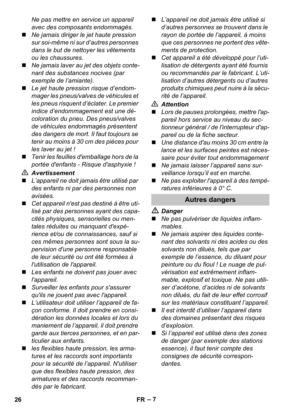 Autres dangers | Karcher K 5 Classic User Manual | Page 26 / 286