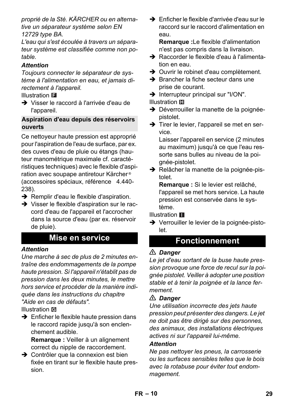 Aspiration d'eau depuis des réservoirs ouverts, Mise en service, Fonctionnement | Mise en service fonctionnement | Karcher K 5 Classic User Manual | Page 29 / 286