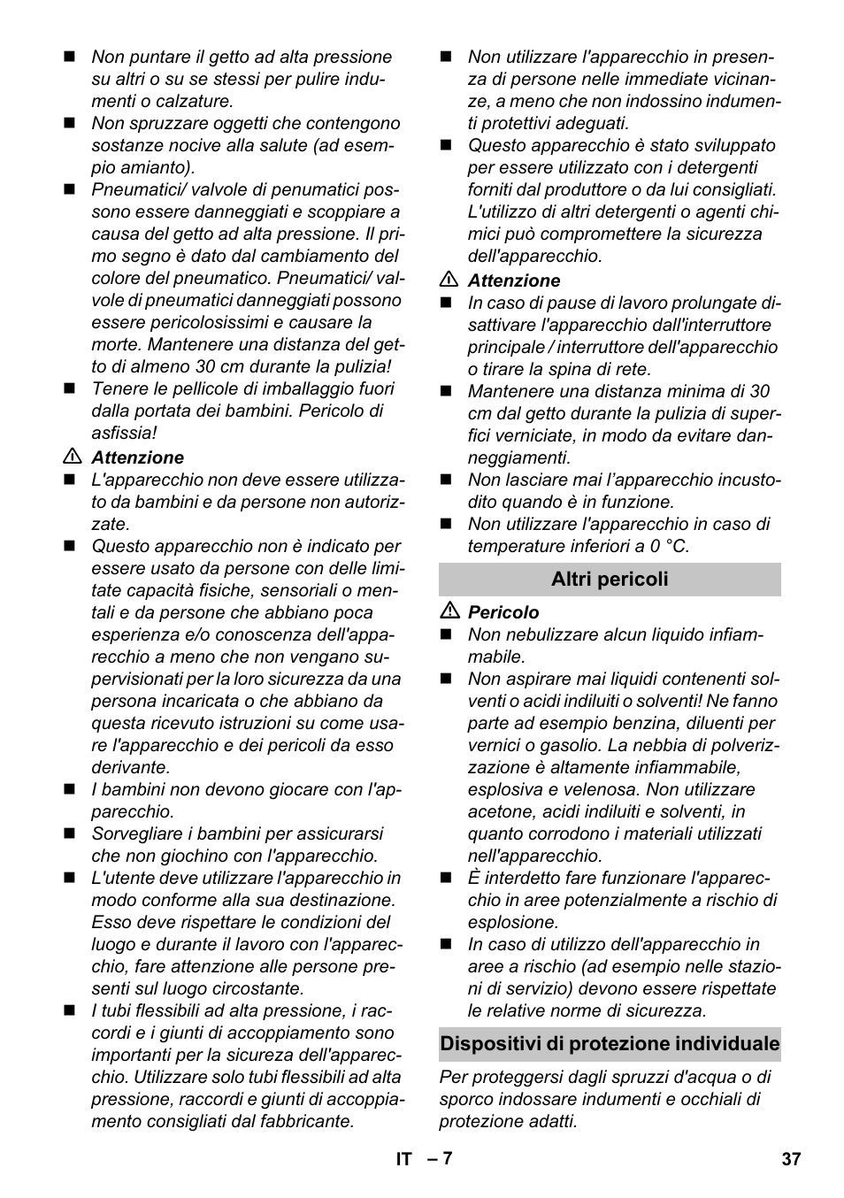 Altri pericoli, Dispositivi di protezione individuale | Karcher K 5 Classic User Manual | Page 37 / 286