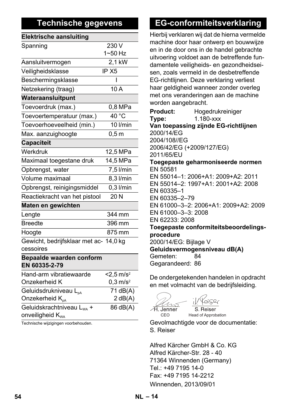 Technische gegevens, Eg-conformiteitsverklaring | Karcher K 5 Classic User Manual | Page 54 / 286