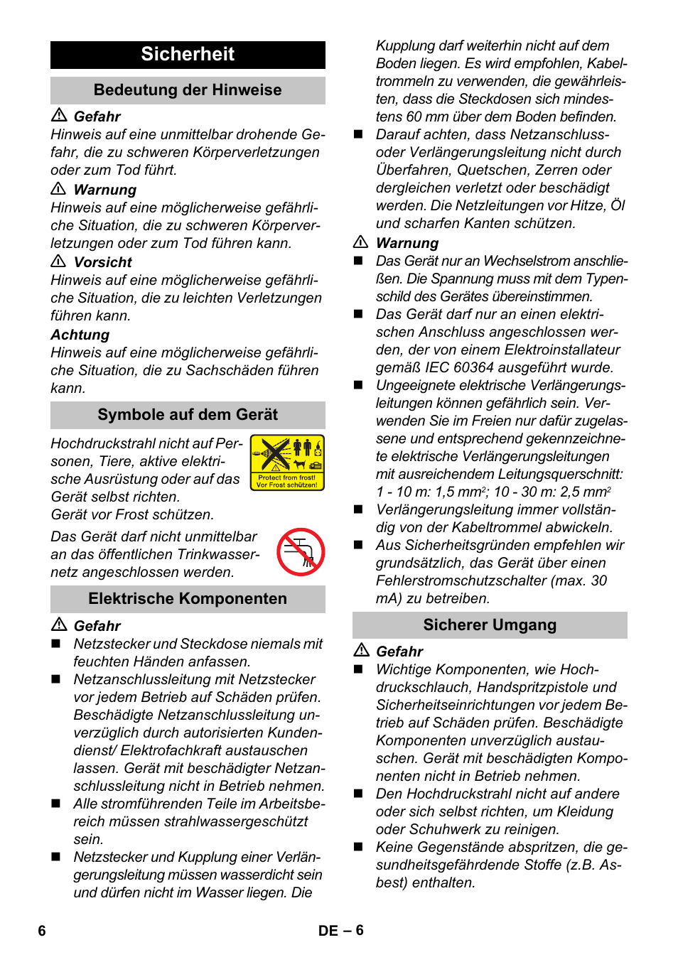 Sicherheit, Bedeutung der hinweise, Symbole auf dem gerät | Elektrische komponenten, Sicherer umgang | Karcher K 5 Classic User Manual | Page 6 / 286