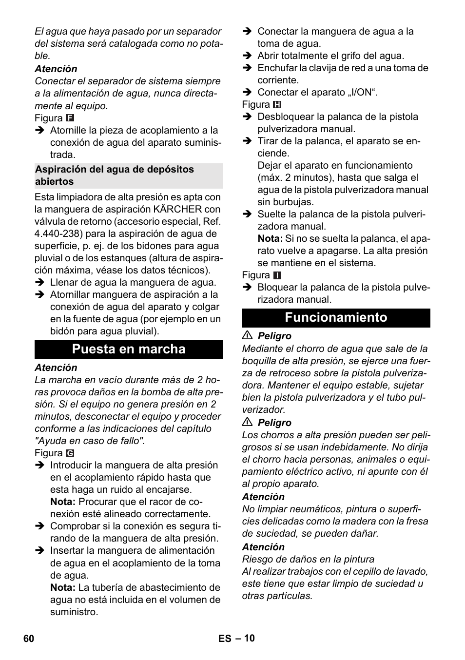 Aspiración del agua de depósitos abiertos, Puesta en marcha, Funcionamiento | Puesta en marcha funcionamiento | Karcher K 5 Classic User Manual | Page 60 / 286