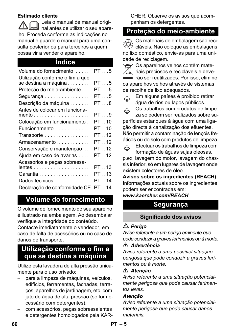 Português, Índice, Volume do fornecimento | Proteção do meio-ambiente, Segurança, Significado dos avisos | Karcher K 5 Classic User Manual | Page 66 / 286