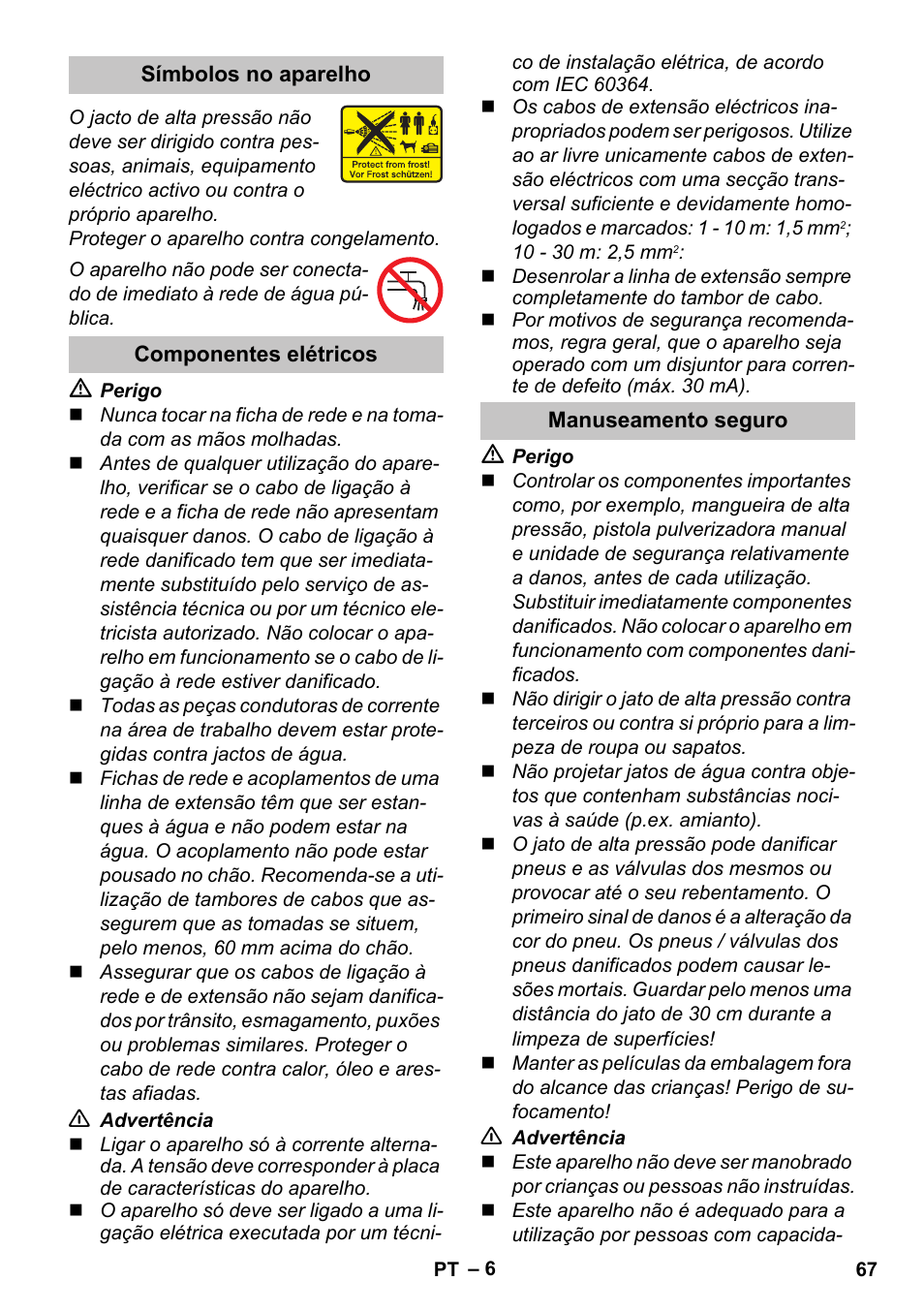 Símbolos no aparelho, Componentes elétricos, Manuseamento seguro | Karcher K 5 Classic User Manual | Page 67 / 286