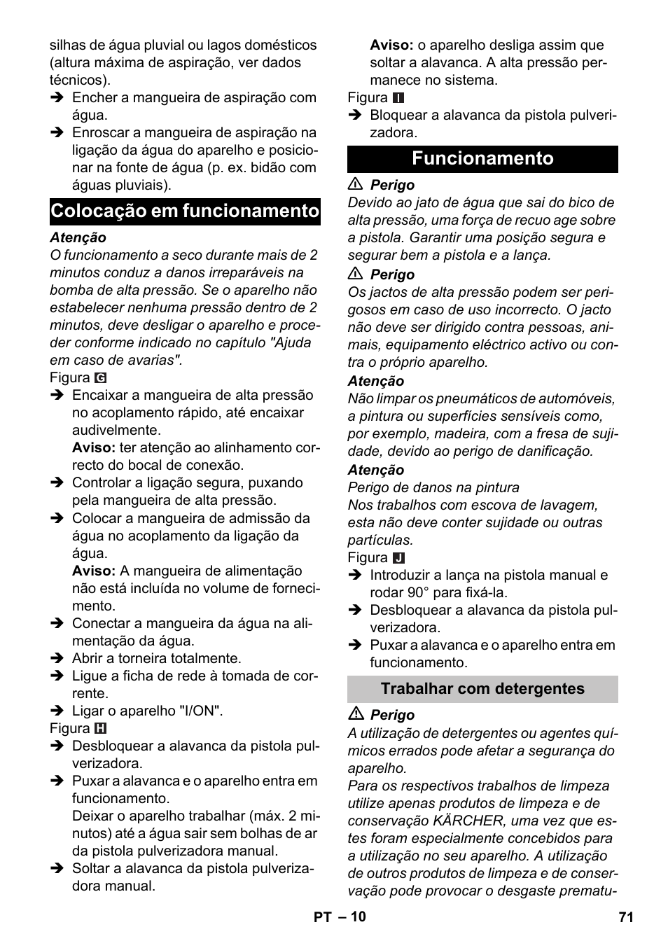 Colocação em funcionamento, Funcionamento, Trabalhar com detergentes | Colocação em funcionamento funcionamento | Karcher K 5 Classic User Manual | Page 71 / 286