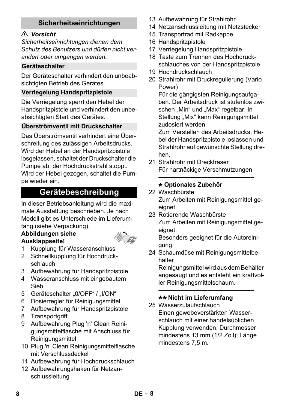 Sicherheitseinrichtungen, Geräteschalter, Verriegelung handspritzpistole | Überströmventil mit druckschalter, Gerätebeschreibung | Karcher K 5 Classic User Manual | Page 8 / 286