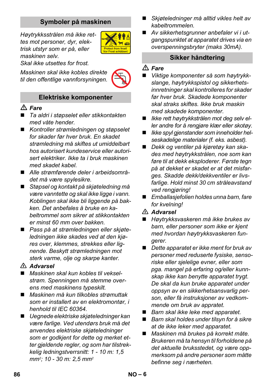 Symboler på maskinen, Elektriske komponenter, Sikker håndtering | Karcher K 5 Classic User Manual | Page 86 / 286