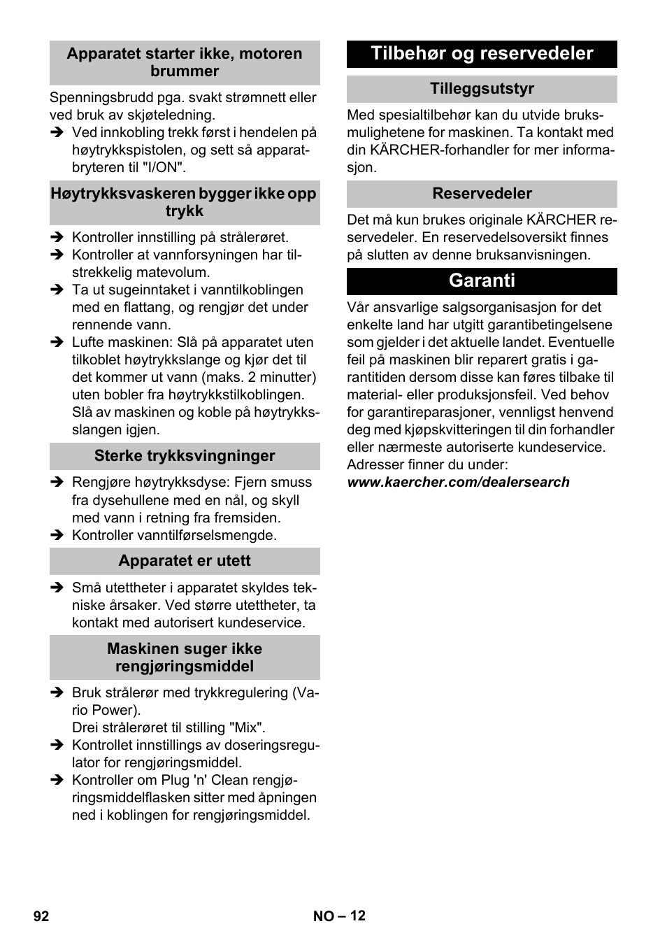 Apparatet starter ikke, motoren brummer, Høytrykksvaskeren bygger ikke opp trykk, Sterke trykksvingninger | Apparatet er utett, Maskinen suger ikke rengjøringsmiddel, Tilbehør og reservedeler, Tilleggsutstyr, Reservedeler, Garanti | Karcher K 5 Classic User Manual | Page 92 / 286