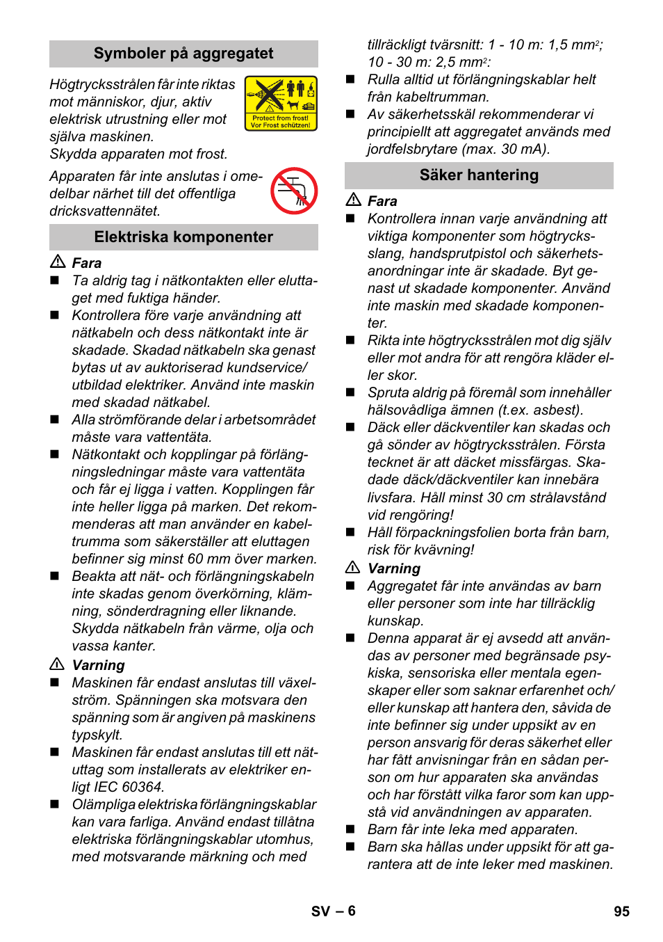 Symboler på aggregatet, Elektriska komponenter, Säker hantering | Karcher K 5 Classic User Manual | Page 95 / 286